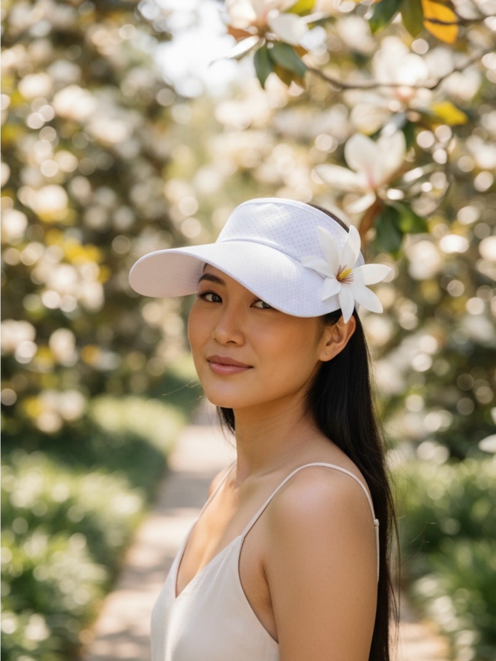White Hawaiian visor with Tiare flower made in Hawaii.